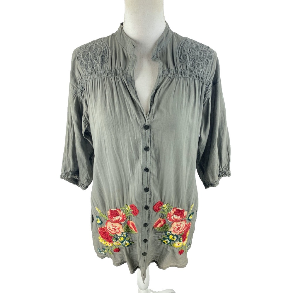 Johnny Was S Pleated Embroidered Floral Cotton‎ 3/4 Sleeve Blouse Gray